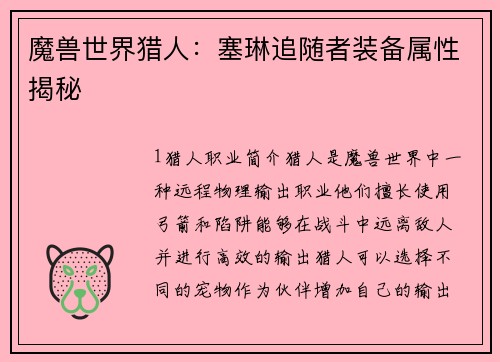 魔兽世界猎人：塞琳追随者装备属性揭秘